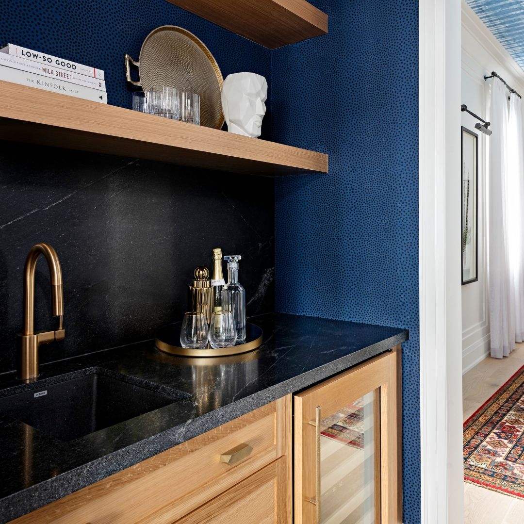 open-shelved wet bar Design by REBECCA HAY Photography by MIKE CHAJECKI