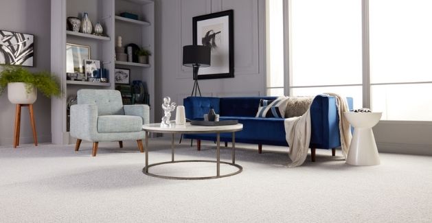 modern living room with beige patterned carpet, dark blue sofa and light gray walls 